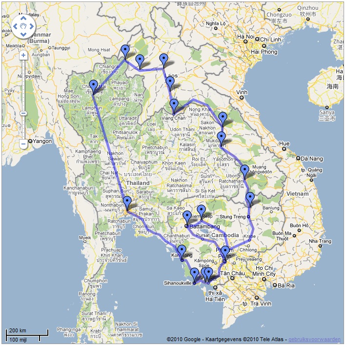 Kaart Thailand Laos en Cambodja backpacken